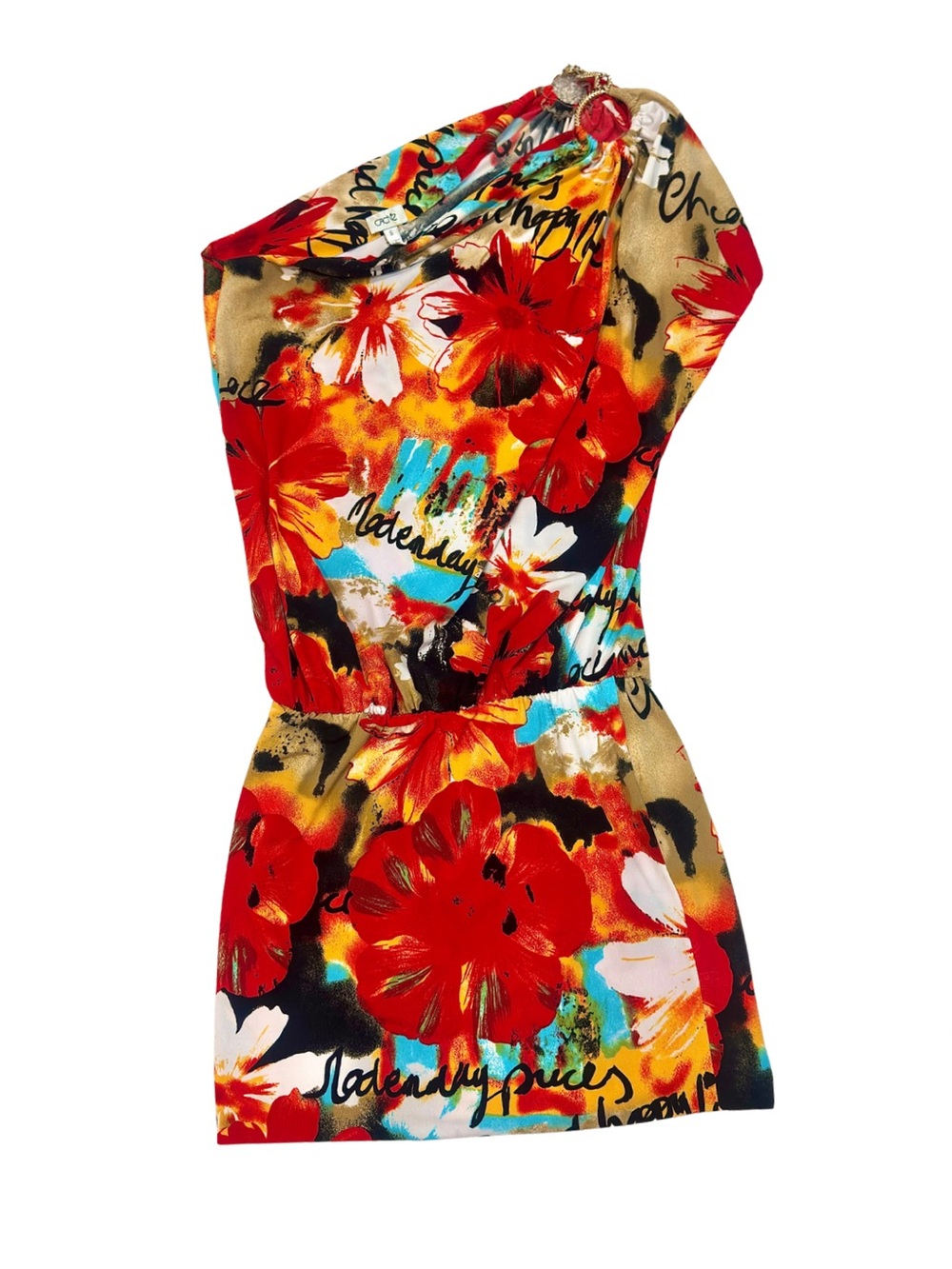 Vintage Cache One-Shoulder Red Orange Aqua Floral Dress